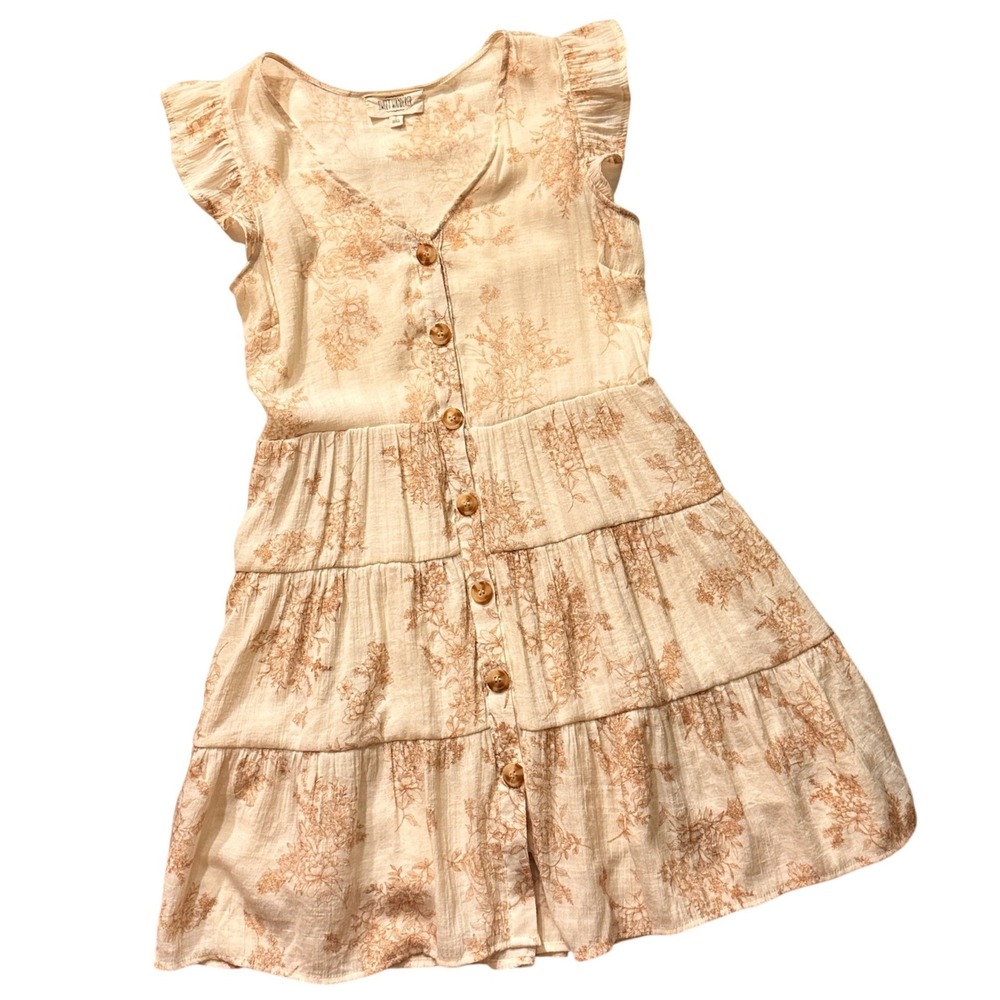 Sweet Wanderer Floral Tiered Mini Dress  Medium Tan Boho Ruffle Button Front